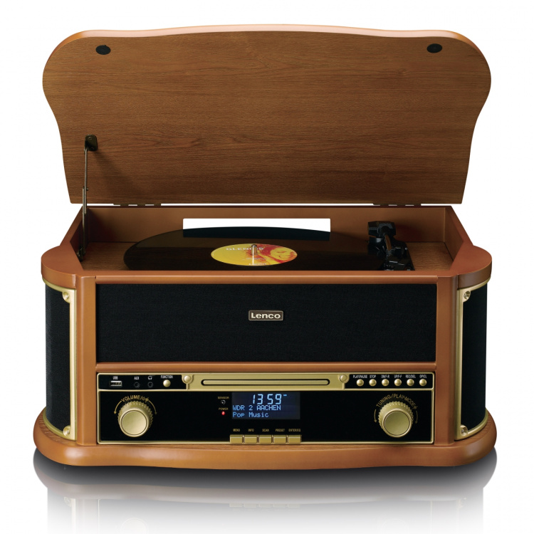 Lenco Houten retro platenspeler met Bluetooth®, DAB+/FM-radio, USB-codering, cd-speler, cassettespeler en ingebouwde speakers Lenco Houten retro platenspeler met Bluetooth®, DAB+/FM-radio, USB-codering, cd-speler, cassettespeler en ingebouwde speakers
