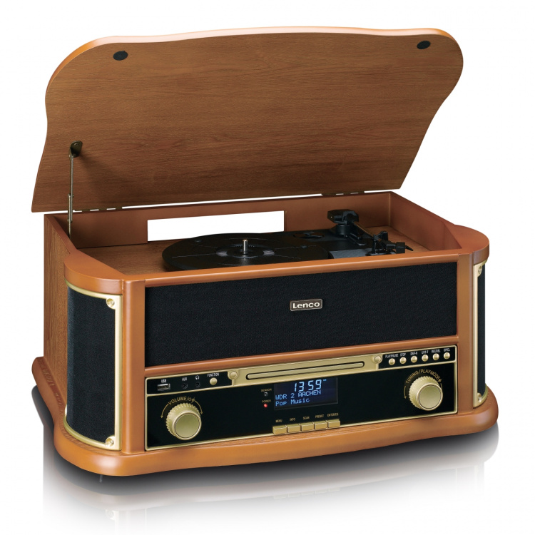 Lenco Houten retro platenspeler met Bluetooth®, DAB+/FM-radio, USB-codering, cd-speler, cassettespeler en ingebouwde speakers Lenco Houten retro platenspeler met Bluetooth®, DAB+/FM-radio, USB-codering, cd-speler, cassettespeler en ingebouwde speakers
