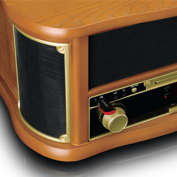 Lenco Houten retro platenspeler met Bluetooth®, DAB+/FM-radio, USB-codering, cd-speler, cassettespeler en ingebouwde speakers Lenco Houten retro platenspeler met Bluetooth®, DAB+/FM-radio, USB-codering, cd-speler, cassettespeler en ingebouwde speakers