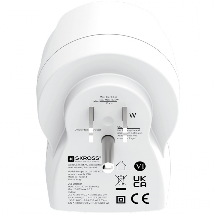 SKROSS Reisadapter Europa naar VS en andere USB-A/USB-C 20W PD Geaard SKROSS Reisadapter Europa naar VS en andere USB-A/USB-C 20W PD Geaard