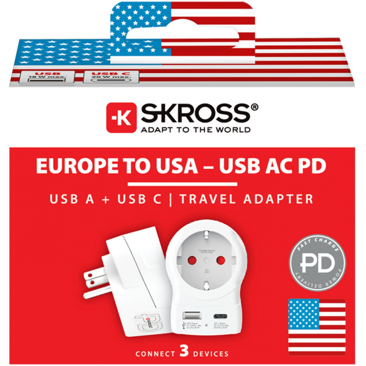 SKROSS Reisadapter Europa naar VS en andere USB-A/USB-C 20W PD Geaard SKROSS Reisadapter Europa naar VS en andere USB-A/USB-C 20W PD Geaard