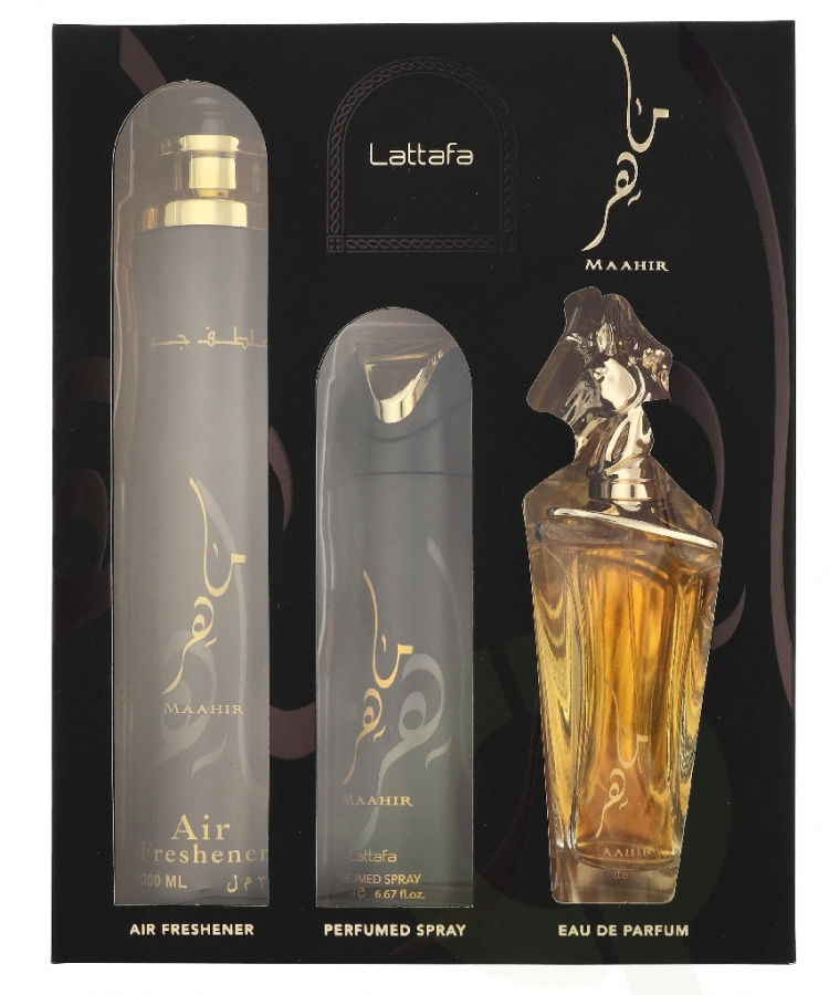 Lattafa Maahir Giftset 600 ml Edp Spray 100ml/Deo Spray 200ml/Air Freshener 300ml