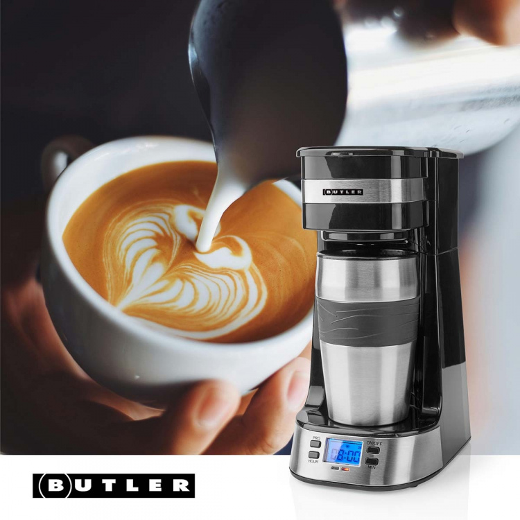 Butler Eenkops koffiezetapparaat | 0,4 l | 750 W | Timerfunctie | Geïsoleerde reisbeker | Automatische uitschakeling | LCD-scherm | Zwart