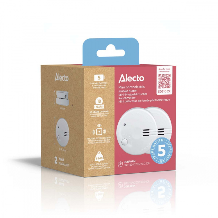 Alecto Mini rookmelder met 5 jaar batterij 2-pak Wit
