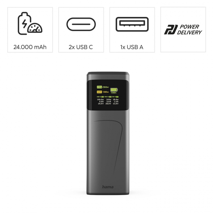 Hama Powerbank 24000mah 2xUSB-C 1xUSB-A 200W Snabbladdning