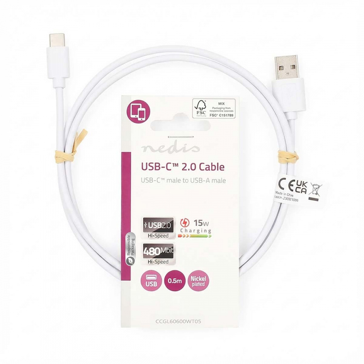 Nedis USB-Kabel | USB 2.0 | USB-A Male | USB-C™ Male | 15 W | 480 Mbps | Vernikkeld | 0.50 m | Rond | PVC | Wit | Label