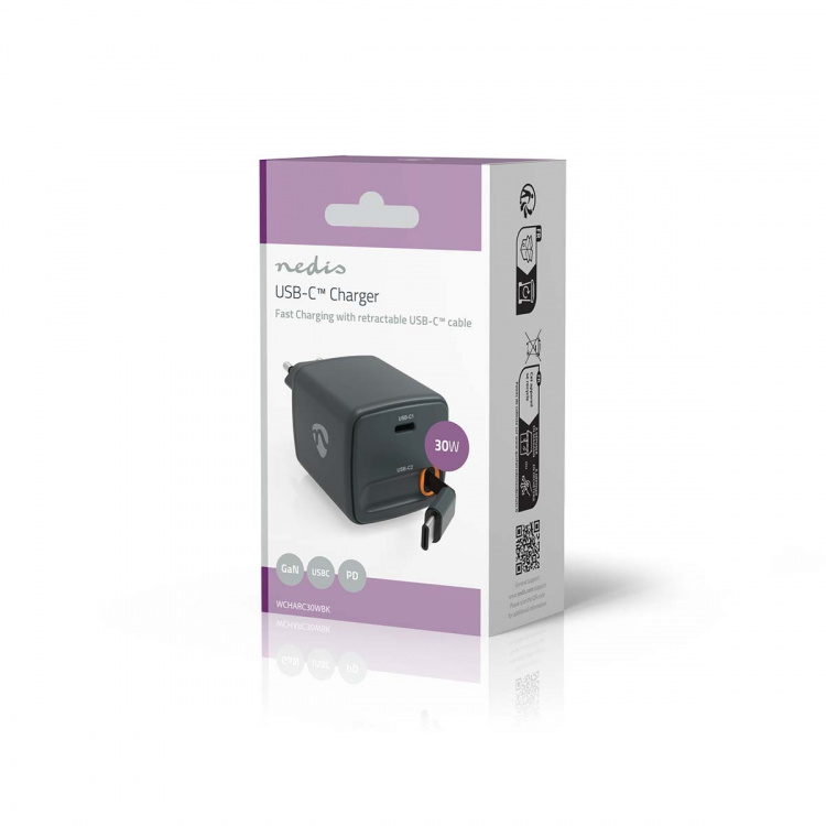 Nedis Oplader | Met intrekbare kabel | 30 W | GaN | PD3.0 30W | 1.5 / 2.0 / 2.5 / 3.0 A | Outputs: 1 | USB-C™ | USB-C™ intrekbare kabel | 0.75 m | Automatische Voltage Selectie | Zwart