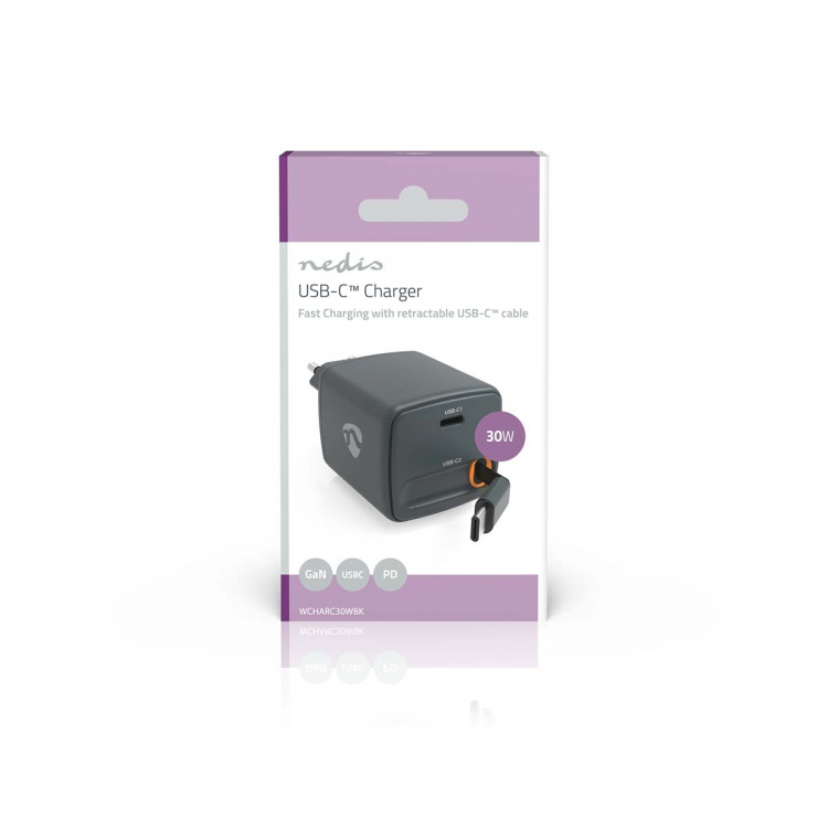 Nedis Oplader | Met intrekbare kabel | 30 W | GaN | PD3.0 30W | 1.5 / 2.0 / 2.5 / 3.0 A | Outputs: 1 | USB-C™ | USB-C™ intrekbare kabel | 0.75 m | Automatische Voltage Selectie | Zwart