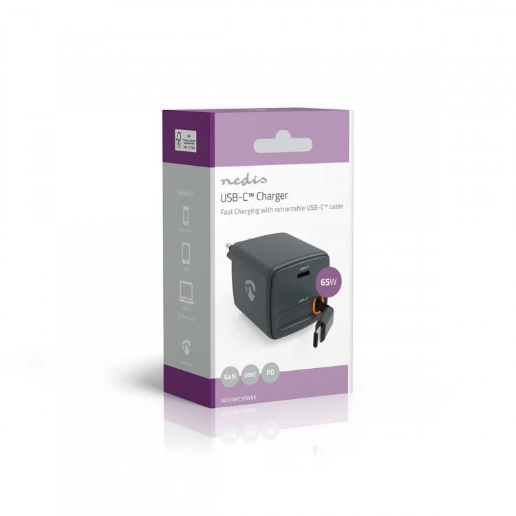 Nedis Oplader | Met intrekbare kabel | 65 W | GaN | PD3.0 30W | 3.0 / 3.25 A | Outputs: 1 | USB-C™ | USB-C™ intrekbare kabel | 0.75 m | Automatische Voltage Selectie | Zwart