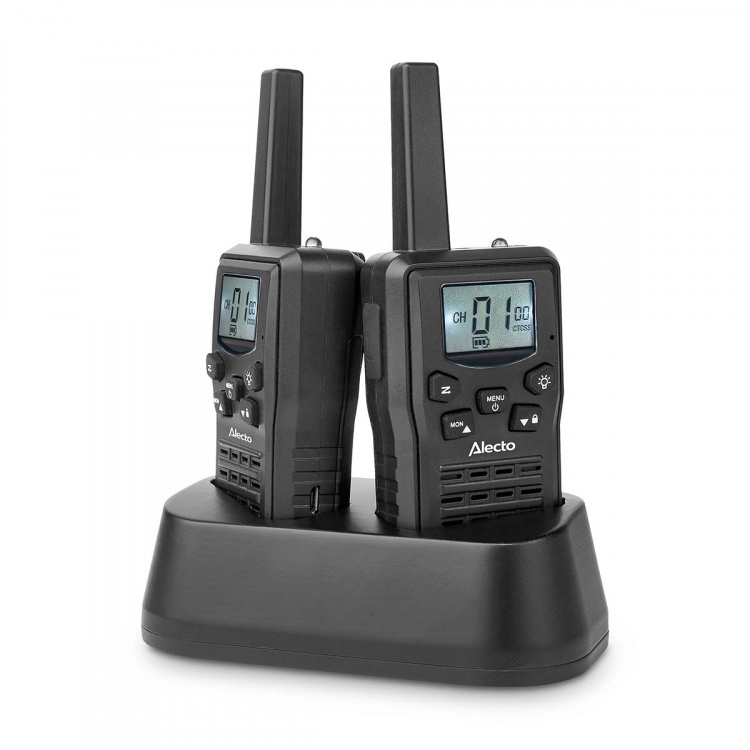 Alecto Walkie-Talkie Set | 2 Handsets | Tot 10 km | Frequentiekanalen: 8 | PTT / VOX | 24 uur stand-by | Inclusief oplaadbasis | Koptelefoonuitgang | Zwart