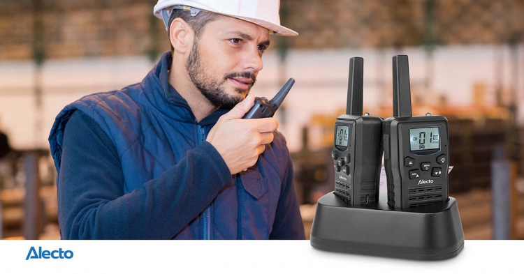 Alecto Walkie-Talkie Set | 2 Handsets | Tot 10 km | Frequentiekanalen: 8 | PTT / VOX | 24 uur stand-by | Inclusief oplaadbasis | Koptelefoonuitgang | Zwart