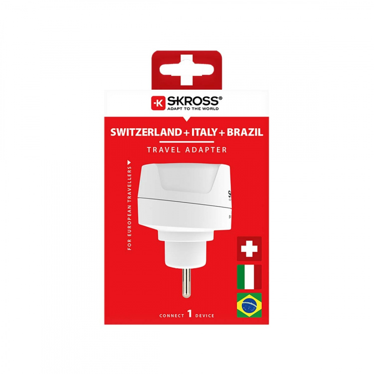 SKROSS Reseadapter Europa till Schweiz + Italien + Brasilien - För 2- och 3-poliga enheter (jordad eller Euro-kontakt)