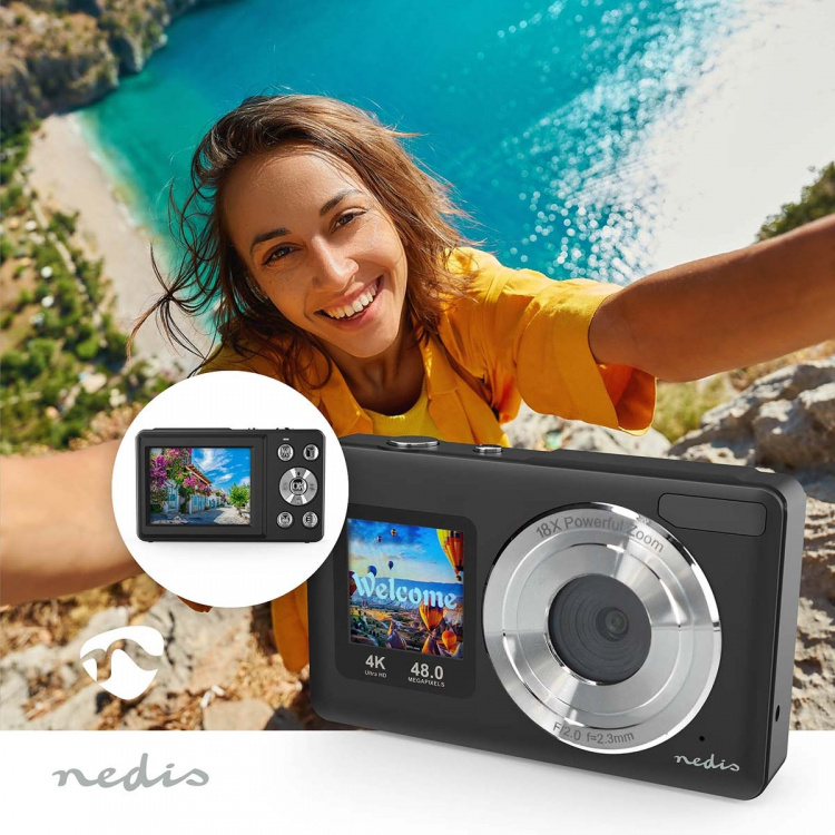 Nedis Digitale Fotocamera | Dubbel scherm | 48 MPixel | 4K@30fps | 5 MPixel CMOS | Zwart
