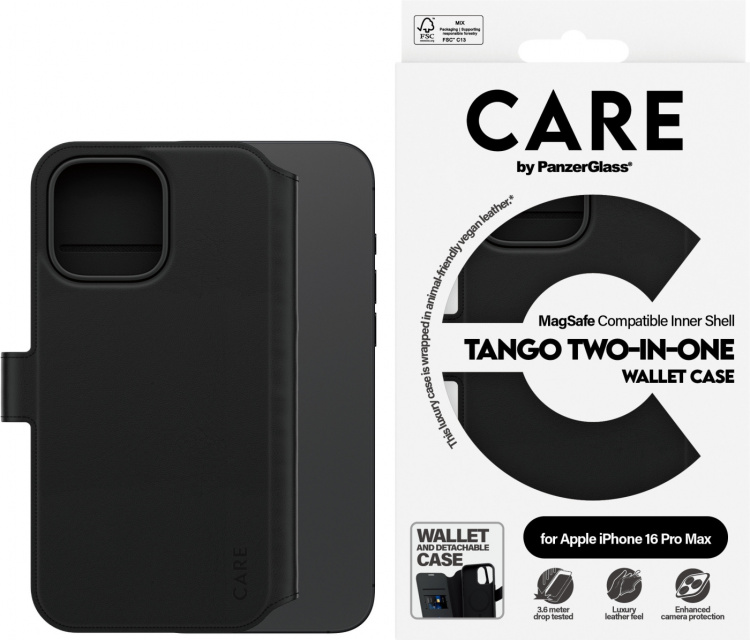 PanzerGlass CARE by PanzerGlass Tango Two-in-One Wallet Case MagSafe-compatibele portemonneehoes, Apple iPhone 16 Pro Max, zwart
