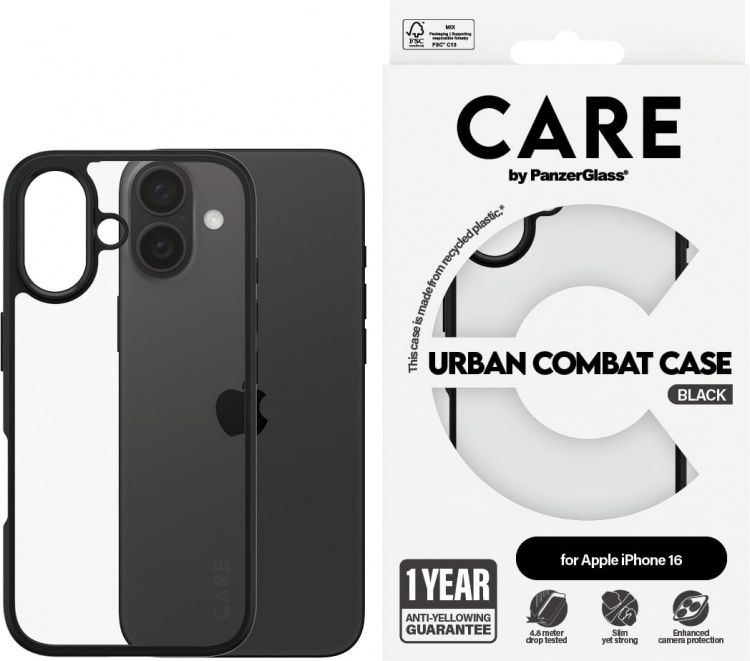 PanzerGlass CARE by PanzerGlass Urban Combat-hoesje, Apple iPhone 16, transparant / zwart