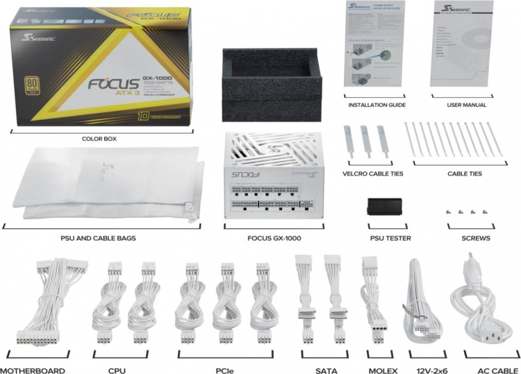 Seasonic FOCUS GX-1000 ATX 3.1 (2024) -voeding, wit, 1000 W