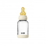 BIBS Glazen babyfles, rond, met latex-zuigetje en langzame doorstroming - ivoorkleurig - 120 ml